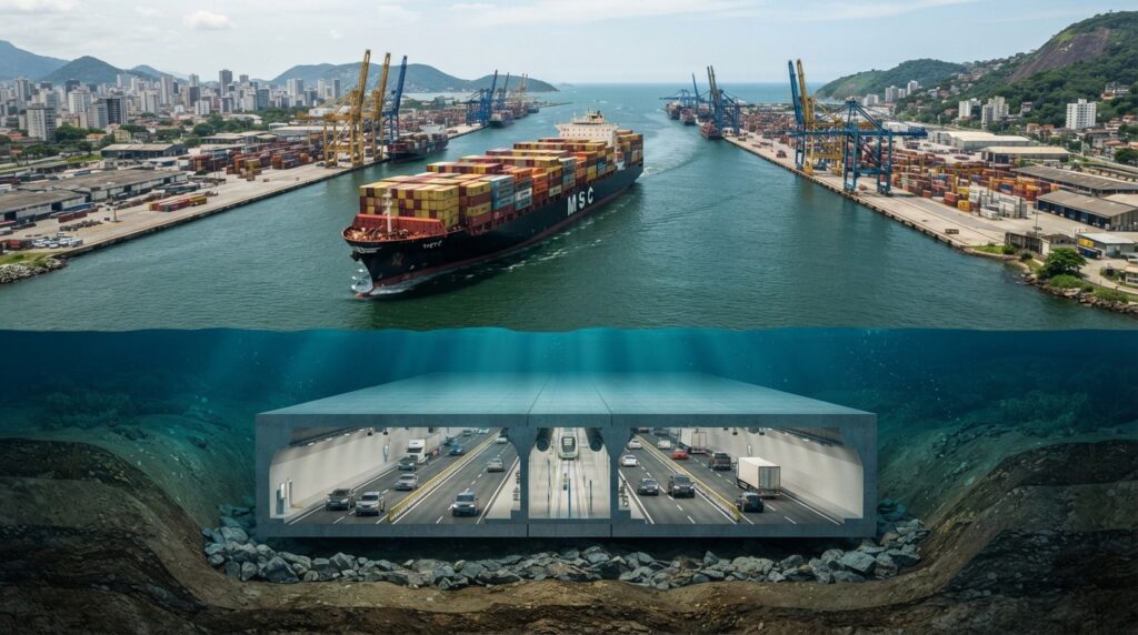 Ilustração em corte mostra um navio cargueiro navegando pelo Porto de Santos e um túnel de concreto instalado abaixo do leito do canal.