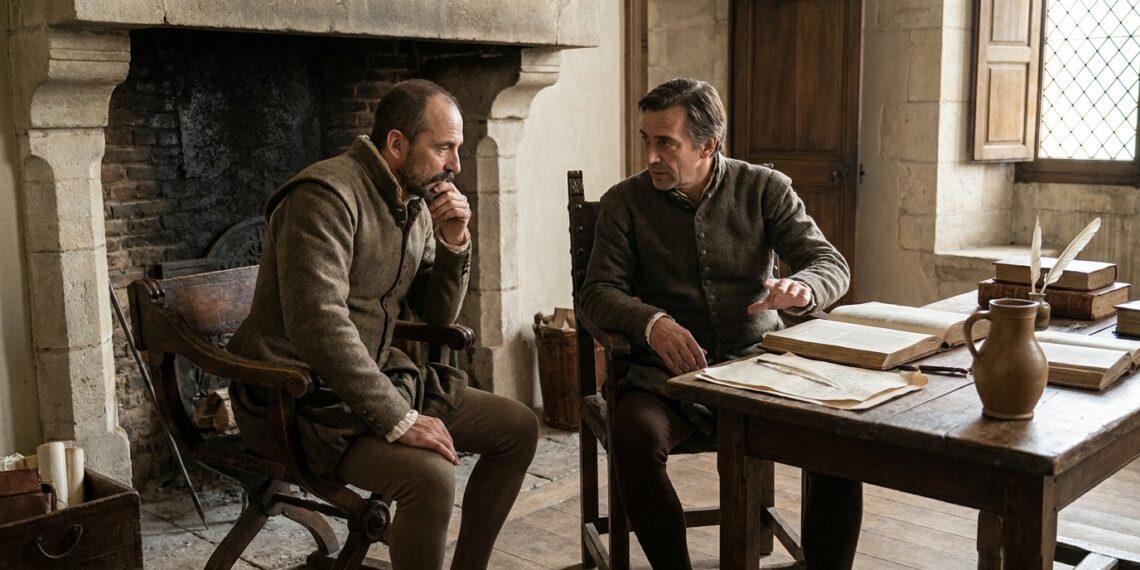 Montaigne e La Boétie conversam em um ambiente tranquilo que sugere confiança e afinidade profunda.
