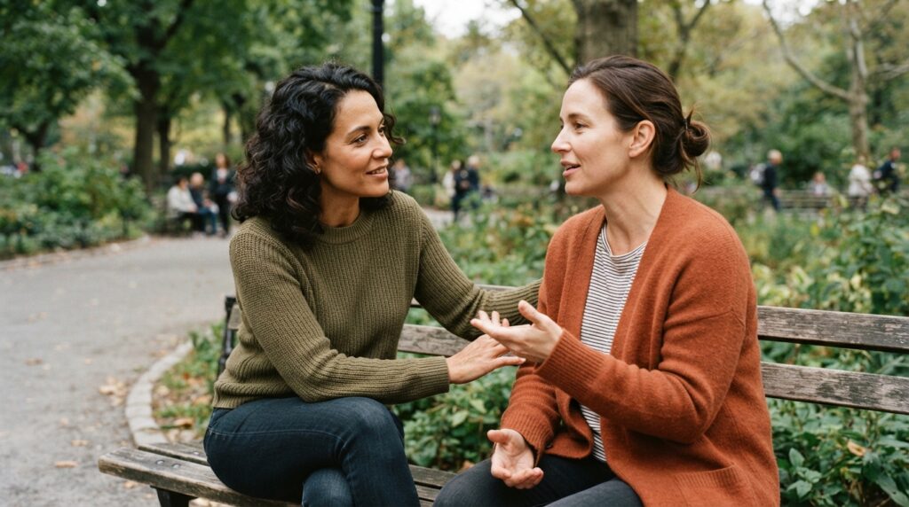 Duas pessoas conversam em um parque, com uma delas ouvindo a outra com atenção.