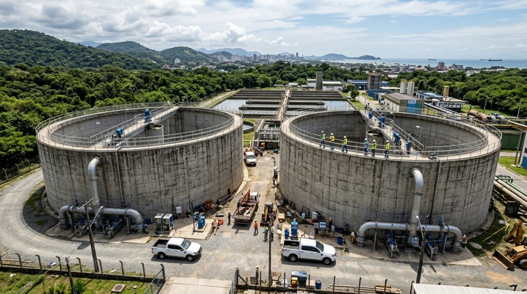 Reservatório circular de grande diâmetro aparece ao lado de trabalhadores e veículos para mostrar a escala.