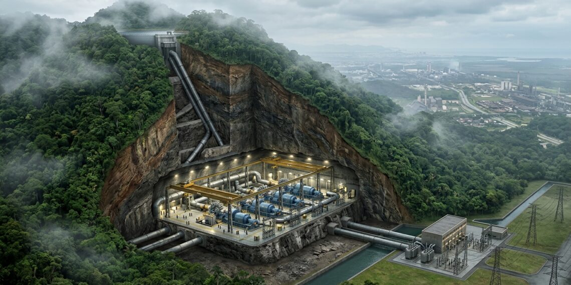 Corte da Serra do Mar revela a casa de força subterrânea da Usina Henry Borden e os condutos que descem pela montanha.