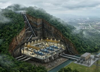 Corte da Serra do Mar revela a casa de força subterrânea da Usina Henry Borden e os condutos que descem pela montanha.