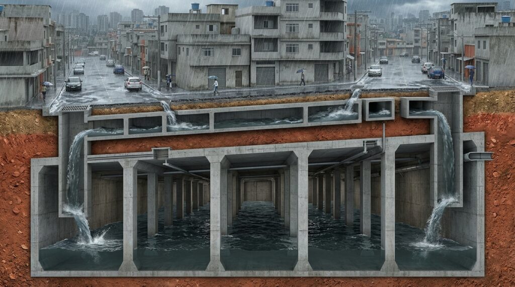 Reservatório subterrâneo recebe água da chuva antes que o córrego transborde para as ruas.