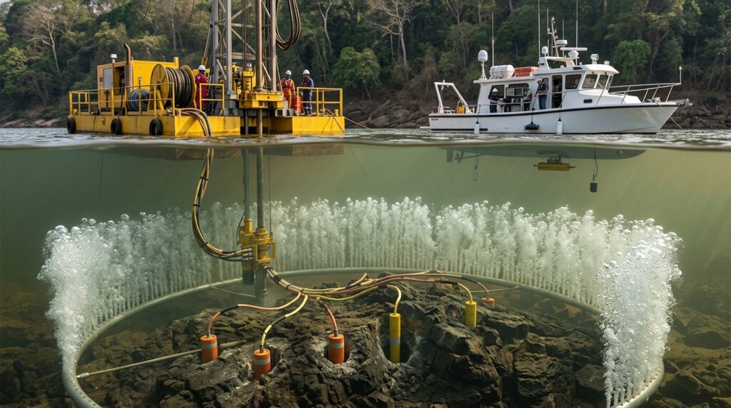 Cortina de bolhas envolve área de detonação controlada no fundo do Rio Tocantins.