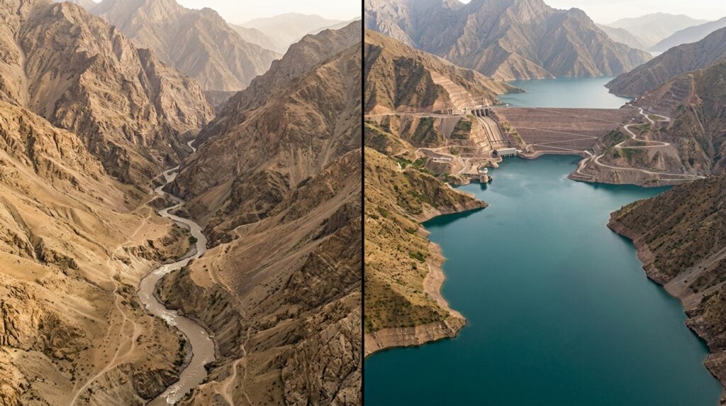 Comparação mostra o vale do rio Vakhsh antes e depois da formação do reservatório.