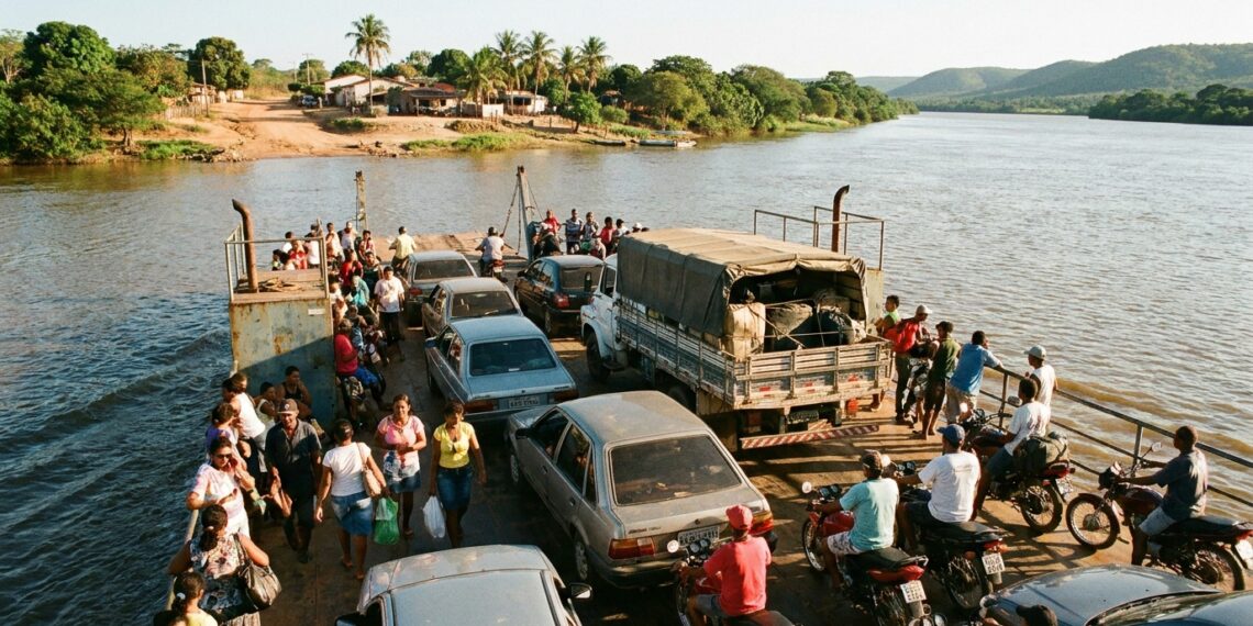 Balsa transportando veículos e passageiros pelo Rio São Francisco em uma travessia entre comunidades ribeirinhas.