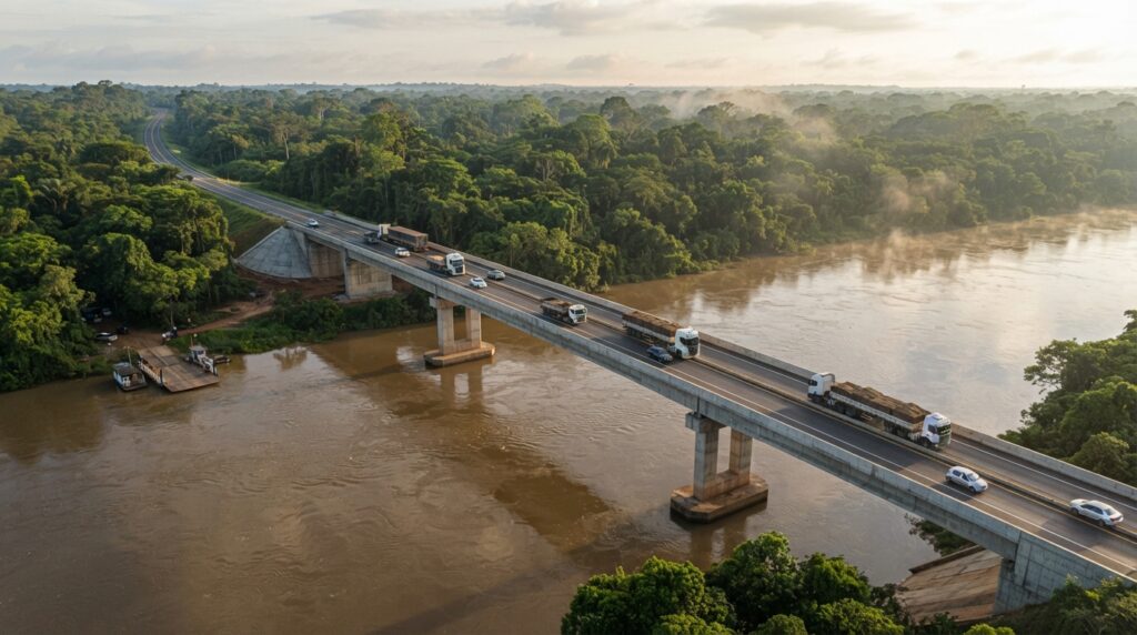 Representação aérea da nova ponte sobre o rio Autaz Mirim, na BR-319, com caminhões atravessando a estrutura cercada pela floresta amazônica.