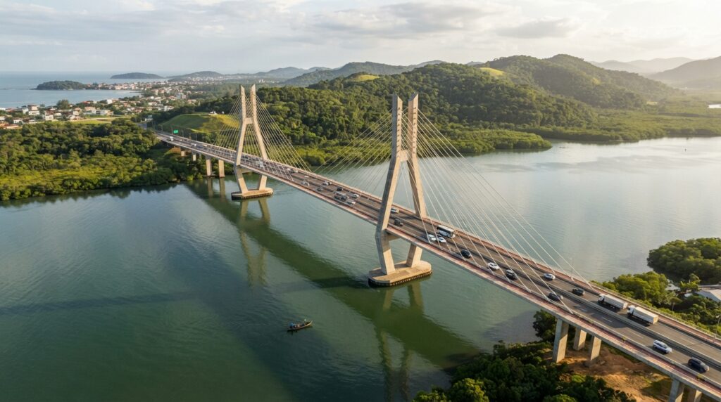 Representação aérea da Ponte de Guaratuba, com trecho central estaiado, cabos de aço e veículos atravessando a baía no litoral do Paraná.