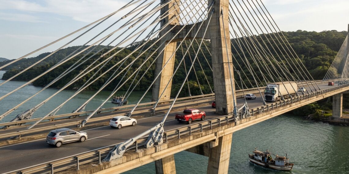 Detalhe do trecho estaiado de uma ponte, com cabos de aço diagonais conectando o tabuleiro a uma torre de concreto sobre a baía.