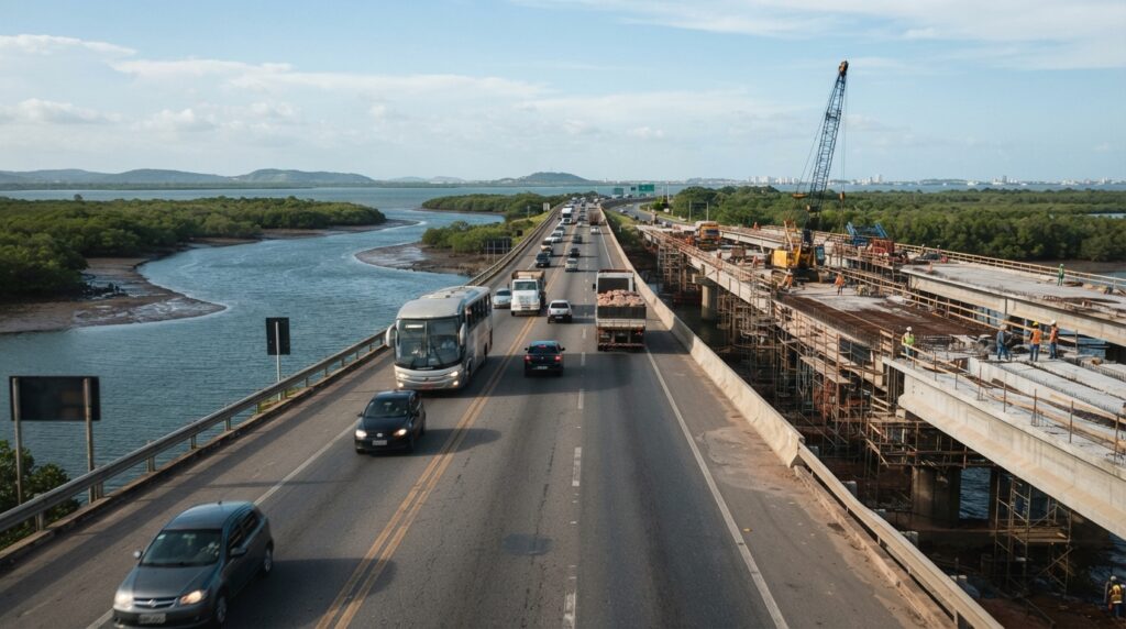 Armaduras de aço e formas de concreto durante uma etapa de reconstrução de ponte rodoviária.