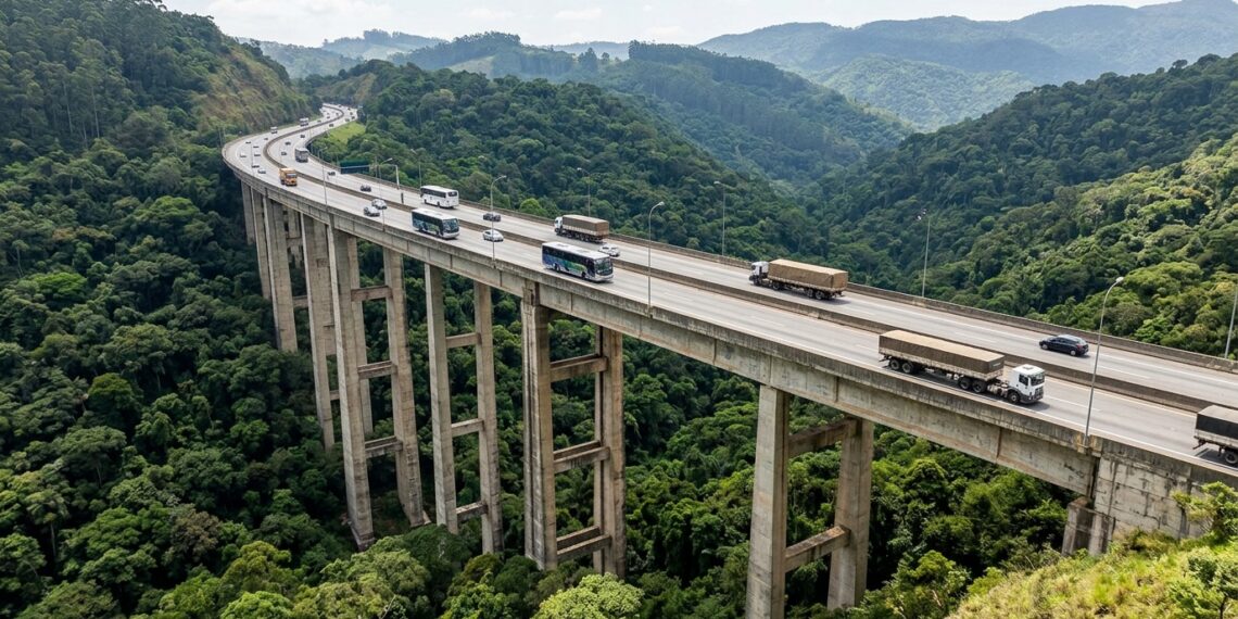 Viaduto de concreto do Rodoanel Norte sobre um vale arborizado na região metropolitana de São Paulo.