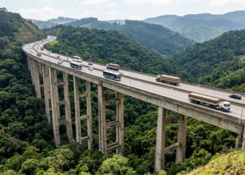Viaduto de concreto do Rodoanel Norte sobre um vale arborizado na região metropolitana de São Paulo.