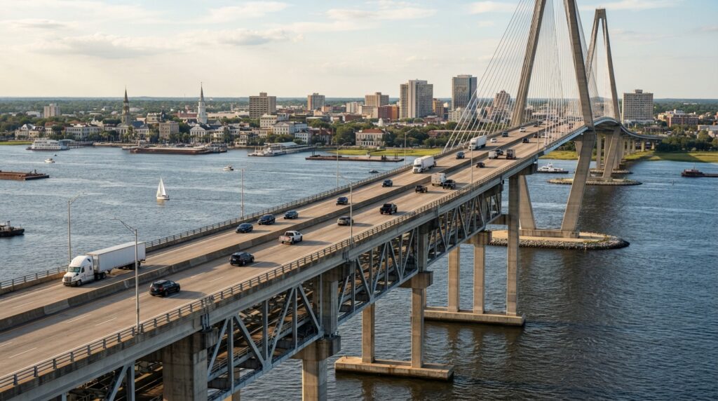 Ponte rodoviária de grande porte com caminhões e pilares de concreto sobre a água.