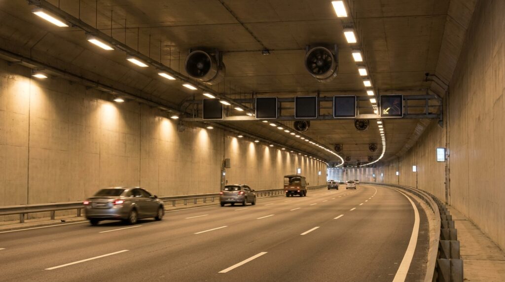 Carros circulando em uma pista subterrânea iluminada do sistema rodoviário SMART, em condições normais.