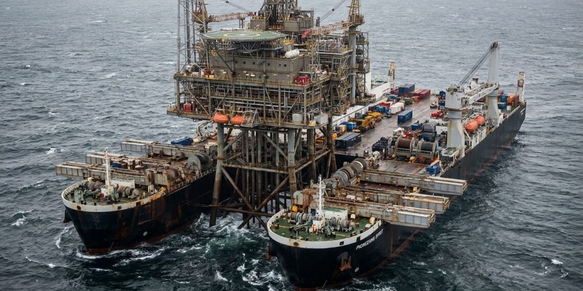 Navio Pioneering Spirit posicionado ao redor da estrutura superior de uma plataforma petrolífera em alto-mar.