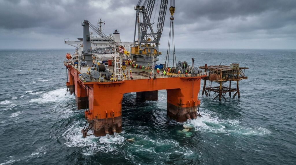 Navio de construção offshore manobrando perto de uma plataforma no Mar do Norte, com ondas ao redor do casco.