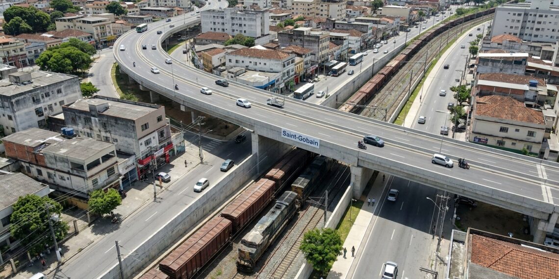 Viaduto urbano passa sobre uma ferrovia ativa enquanto carros e trens circulam em níveis separados em Barra Mansa.