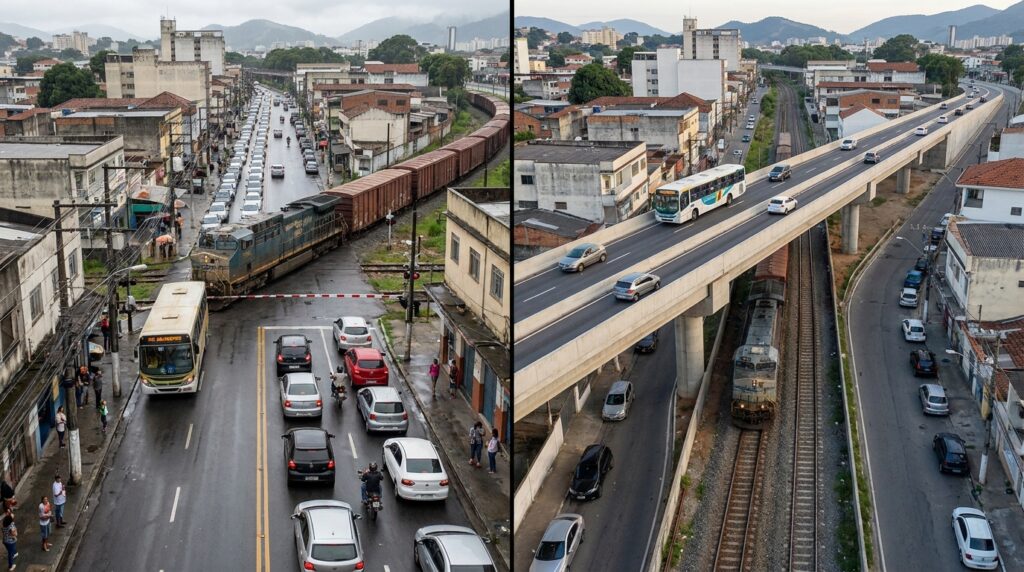 Comparação mostra fila em antiga passagem em nível e tráfego separado após a construção do viaduto.