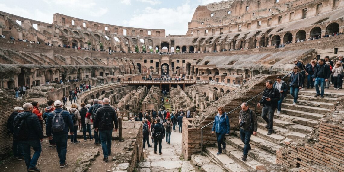 Visitantes observam as arquibancadas e a arena no interior do Coliseu de Roma.