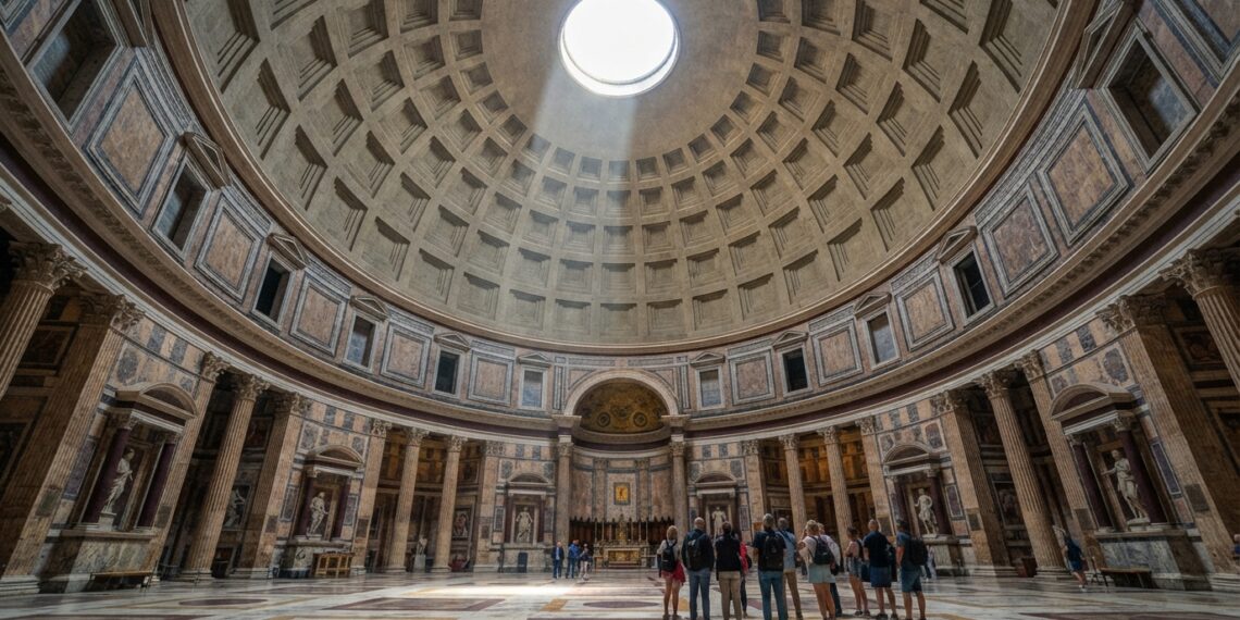 Interior da cúpula monumental do Panteão de Roma, com caixotões geométricos e óculo central aberto.