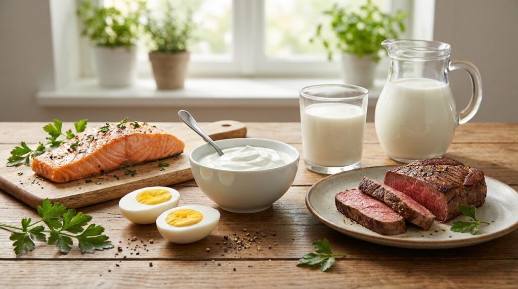 Salmão, ovos, carne bovina, leite e iogurte, alimentos que podem fornecer vitamina B12.