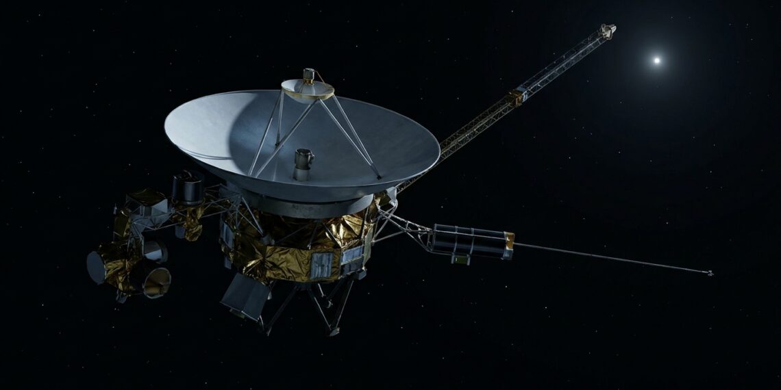 Sonda Voyager 1 viajando pelo espaço profundo, distante do Sol e dos planetas do Sistema Solar.