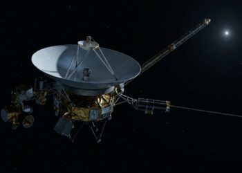 Sonda Voyager 1 viajando pelo espaço profundo, distante do Sol e dos planetas do Sistema Solar.