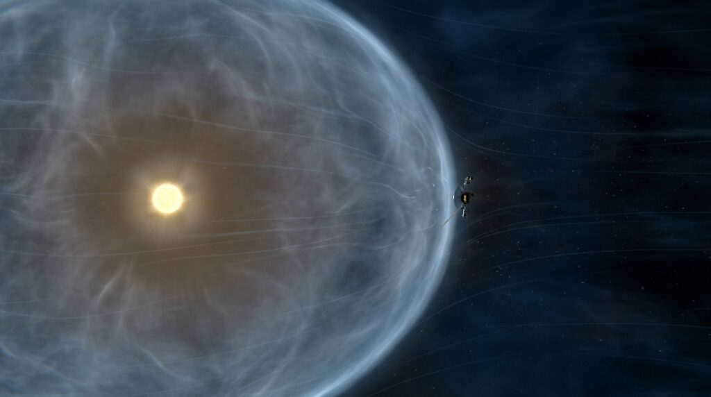 Representação científica da Voyager 1 atravessando a heliopausa para entrar no espaço interestelar.