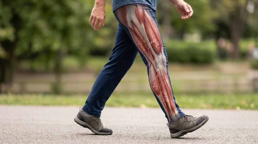 Músculos das pernas em movimento ajudam a utilizar glicose durante uma caminhada leve.