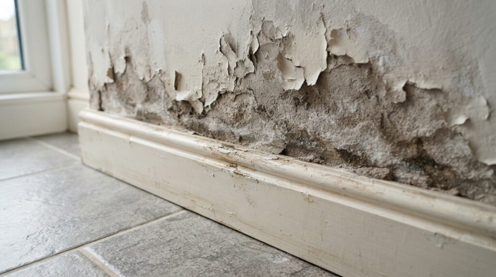 Detalhe de parede com pintura deteriorada, depósitos esbranquiçados e manchas de umidade na região do rodapé.