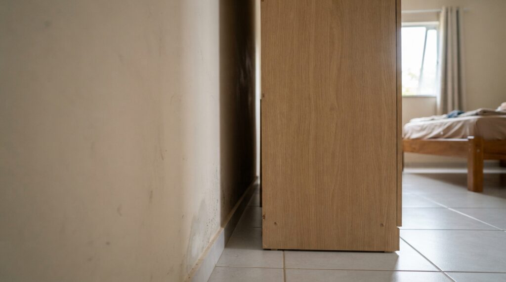 Detalhe do espaço entre a parte traseira de um guarda-roupa de MDF e a parede de alvenaria em um quarto brasileiro.