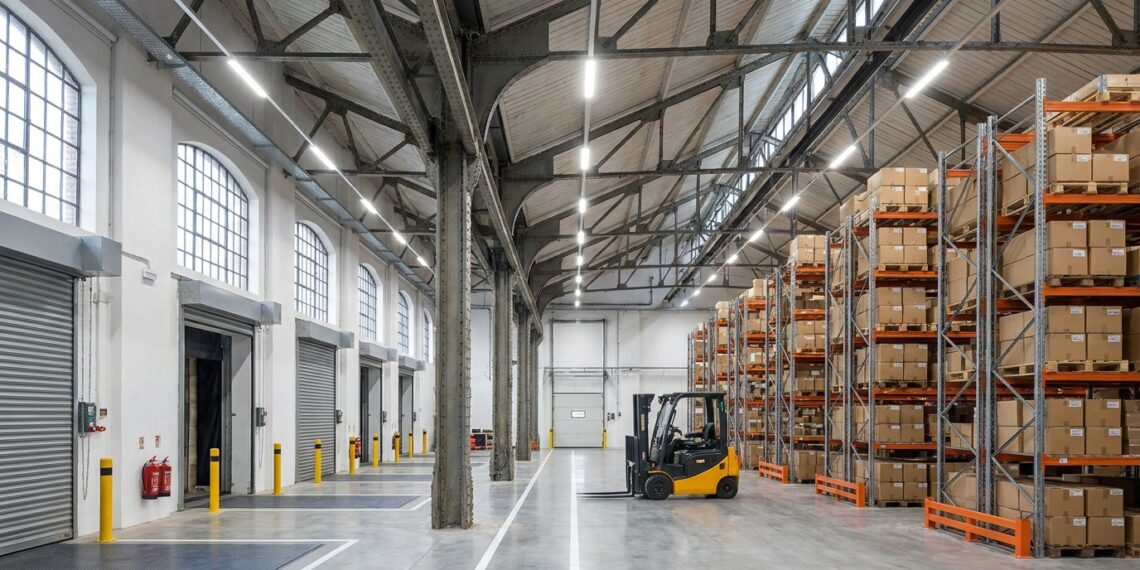 Interior de antiga fábrica adaptada para armazenagem com estantes para paletes, empilhadeira e corredores logísticos.