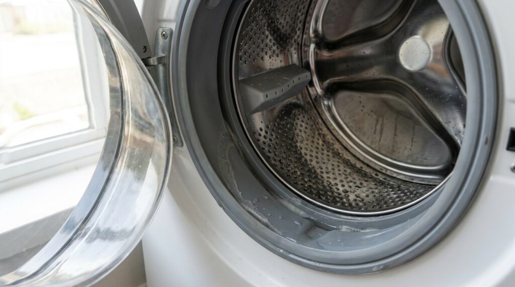 Umidade e resíduos aparecem no cesto, dispenser e vedações internas da lavadora.