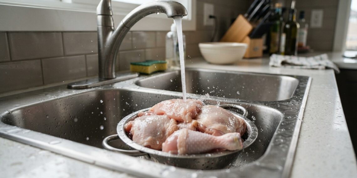 Frango cru sendo lavado sob água corrente em uma pia de cozinha.