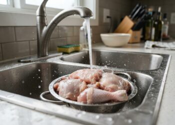 Frango cru sendo lavado sob água corrente em uma pia de cozinha.
