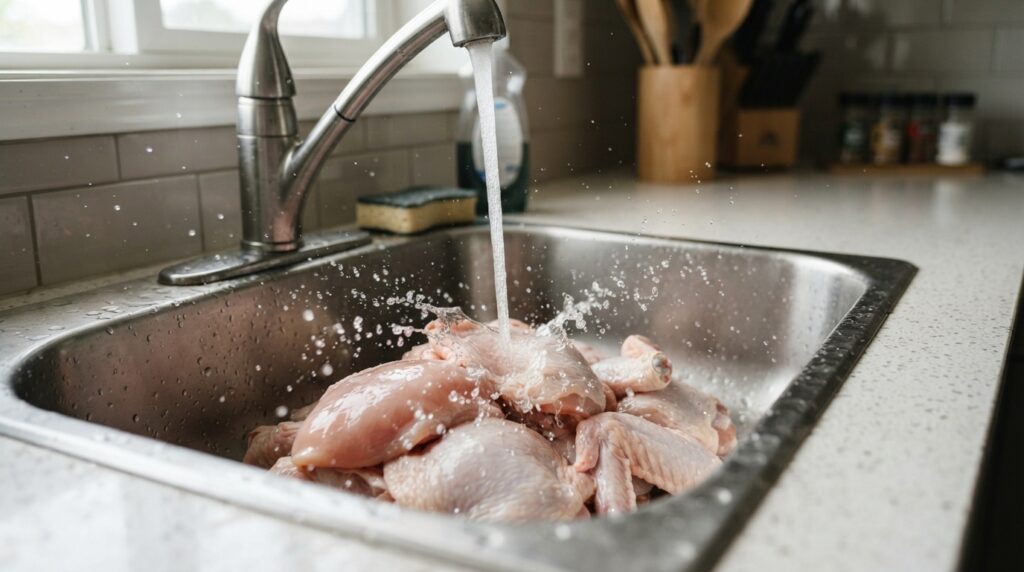 Pessoa adulta manuseia frango cru na bancada de uma cozinha doméstica.
