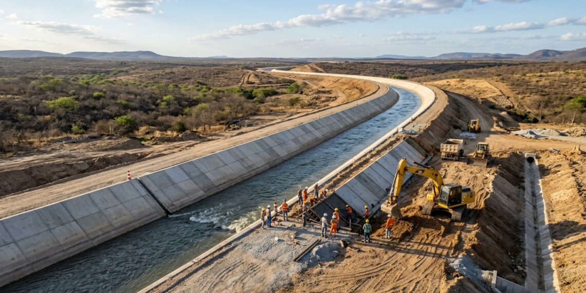 Grande canal de concreto conduz água pelo interior do Ceará.