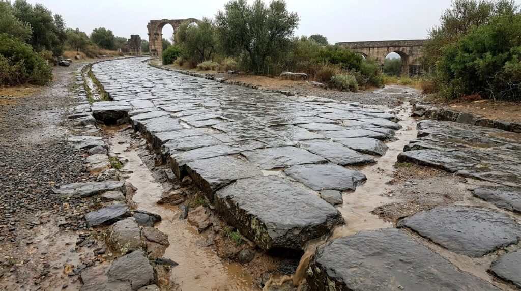 Estrada romana com superfície levemente elevada no centro e valas laterais para conduzir a água da chuva.