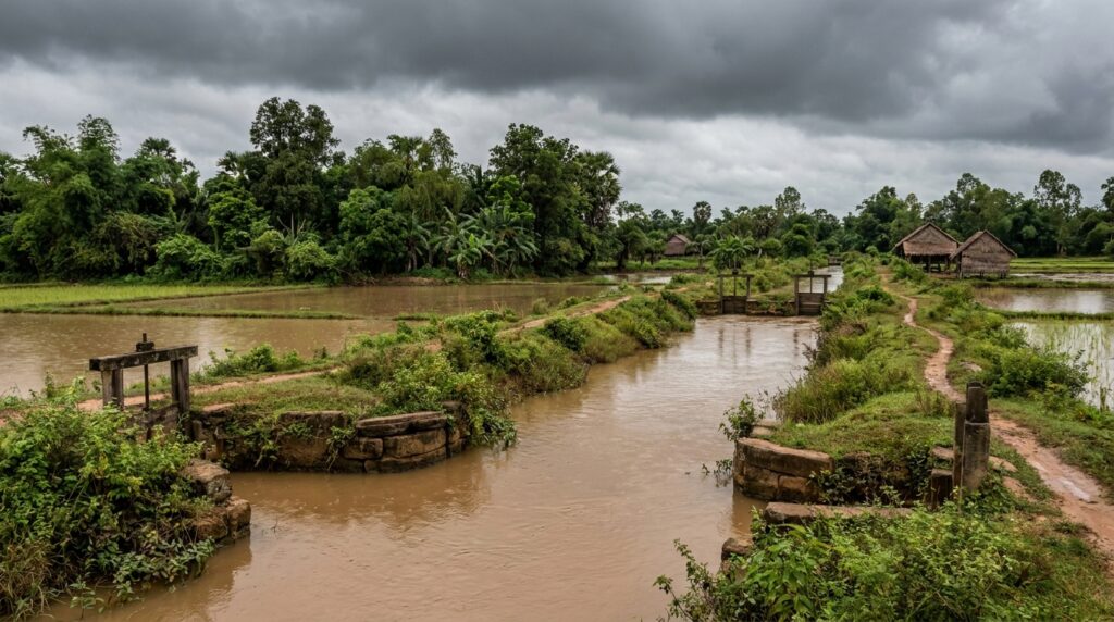 Canal de água entre diques de terra e campos agrícolas em uma paisagem tropical do Camboja.
