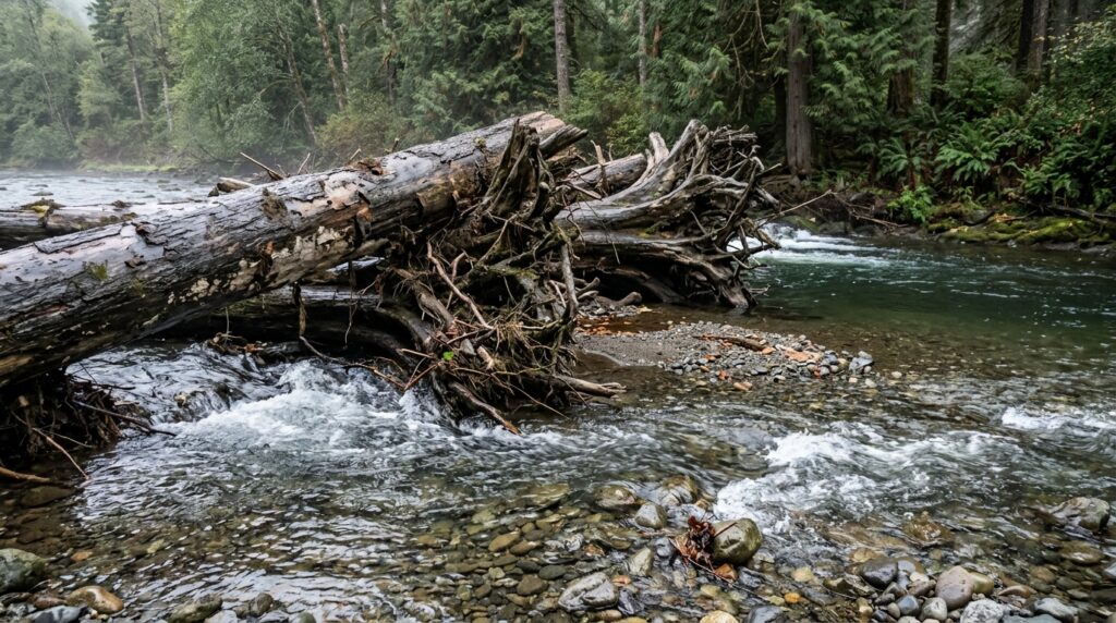 Troncos e raízes instalados no leito de um rio alteram o fluxo da água e retêm cascalho.