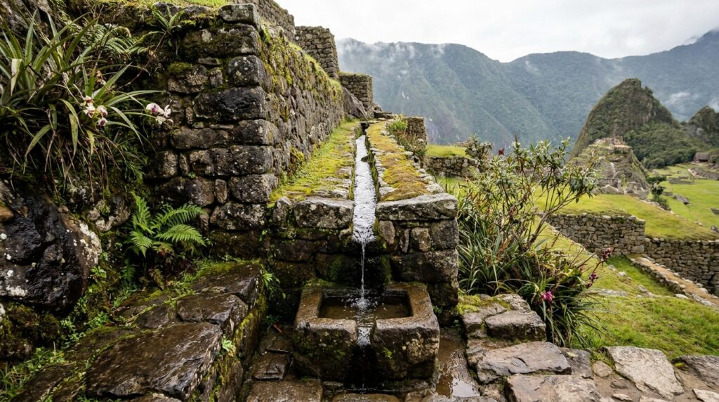 Terraços de Machu Picchu sustentados por muros de pedra que acompanham as encostas íngremes dos Andes.