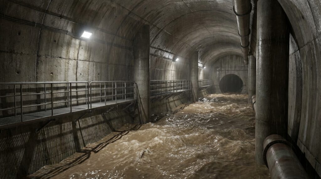Água de chuva atravessando uma galeria subterrânea de concreto em um sistema de drenagem urbana.
