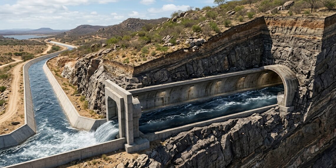 Corte da serra mostra túnel de 6,5 km levando água entre Paraíba e Rio Grande do Norte.