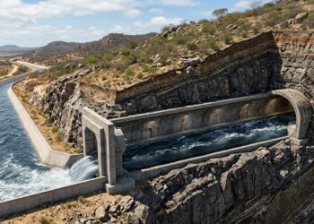 Corte da serra mostra túnel de 6,5 km levando água entre Paraíba e Rio Grande do Norte.
