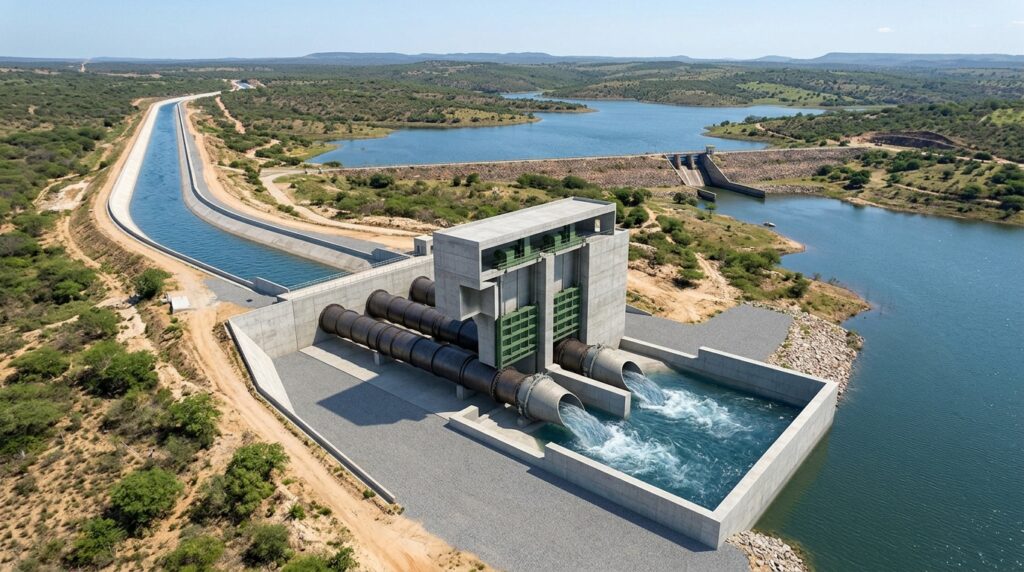 Água do Ramal do Apodi chega à Barragem de Pau dos Ferros e passa por estruturas de controle hidráulico.