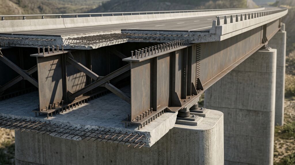 Corte do tabuleiro mostra vigas metálicas combinadas com concreto nas regiões superior e inferior da estrutura.