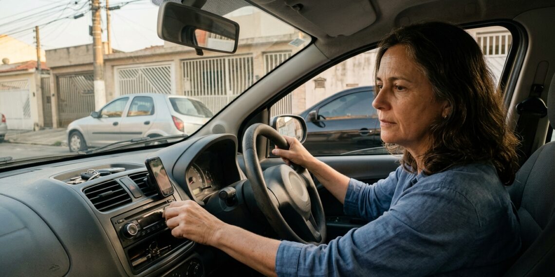 Mulher brasileira ao volante diminui o volume do rádio enquanto observa uma vaga apertada para estacionar em uma rua residencial.