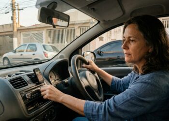 Mulher brasileira ao volante diminui o volume do rádio enquanto observa uma vaga apertada para estacionar em uma rua residencial.