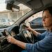 Mulher brasileira ao volante diminui o volume do rádio enquanto observa uma vaga apertada para estacionar em uma rua residencial.