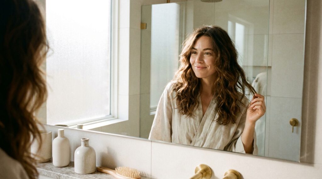 Mulher observando no espelho o resultado da finalização do cabelo em casa, com fios alinhados e brilho natural.
